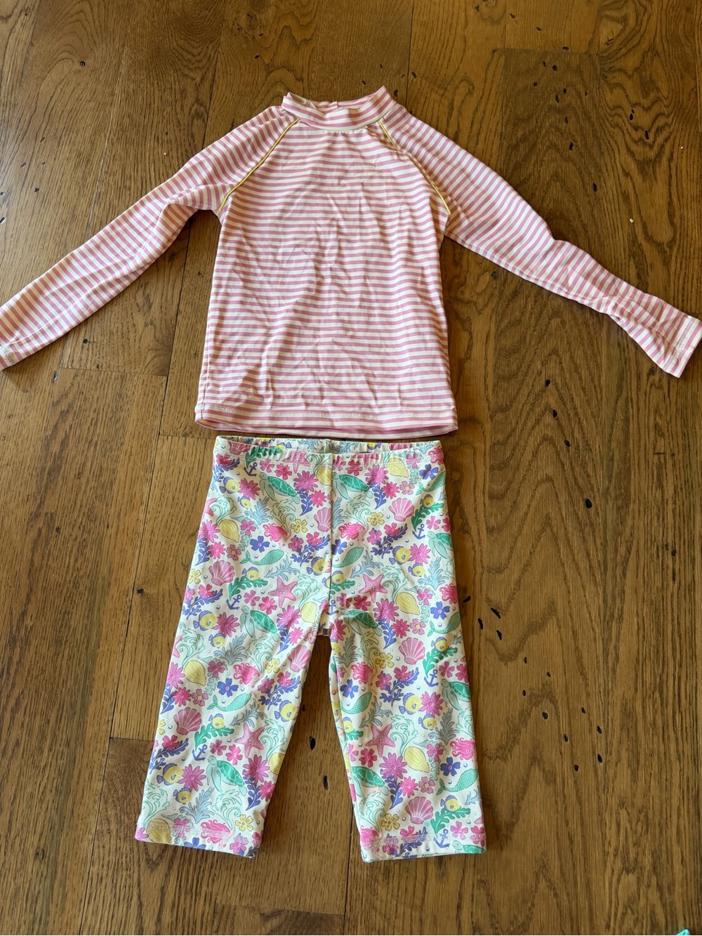 Mini Boden Pink Striped Rash Guard and Floral Capri swim Set